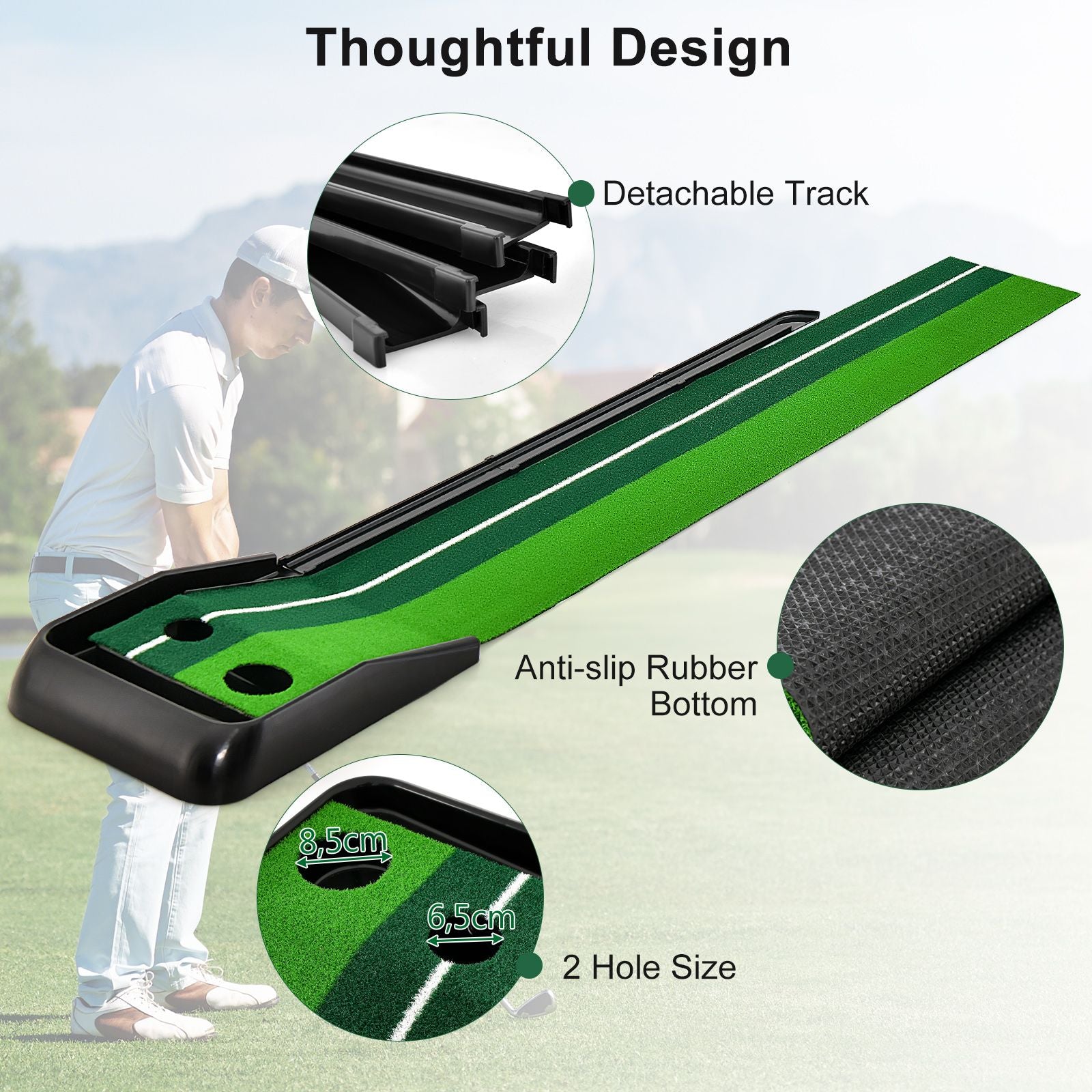 250 CM Putting Premium Golf Practice Turf with Auto Ball Return Track